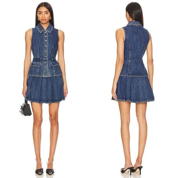 NWT SELF-PORTRAIT Pleated Denim Mini Top Skirt Set Size 6 - Picture 4 of 12